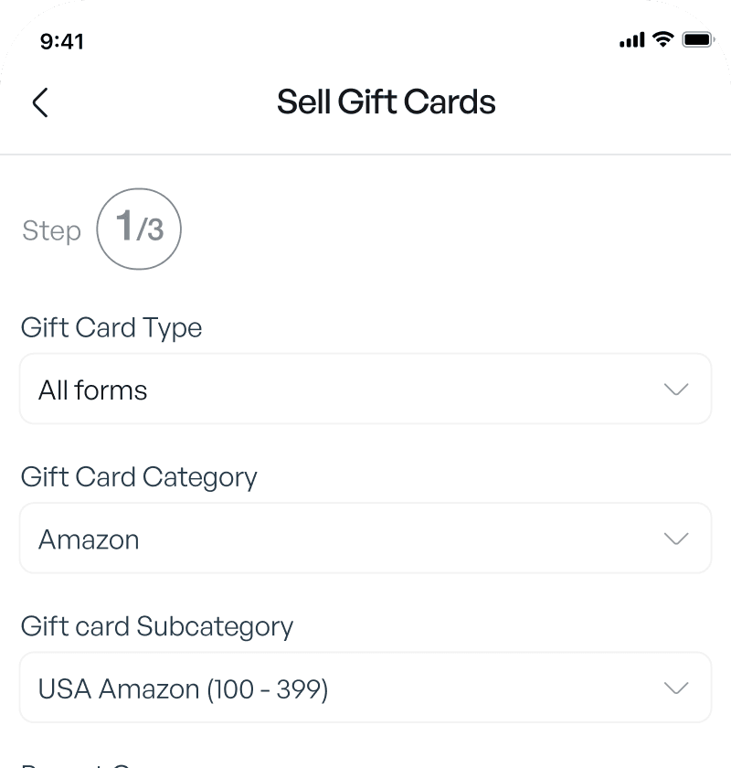 Select Gift Card, enter the value and upload the required details.